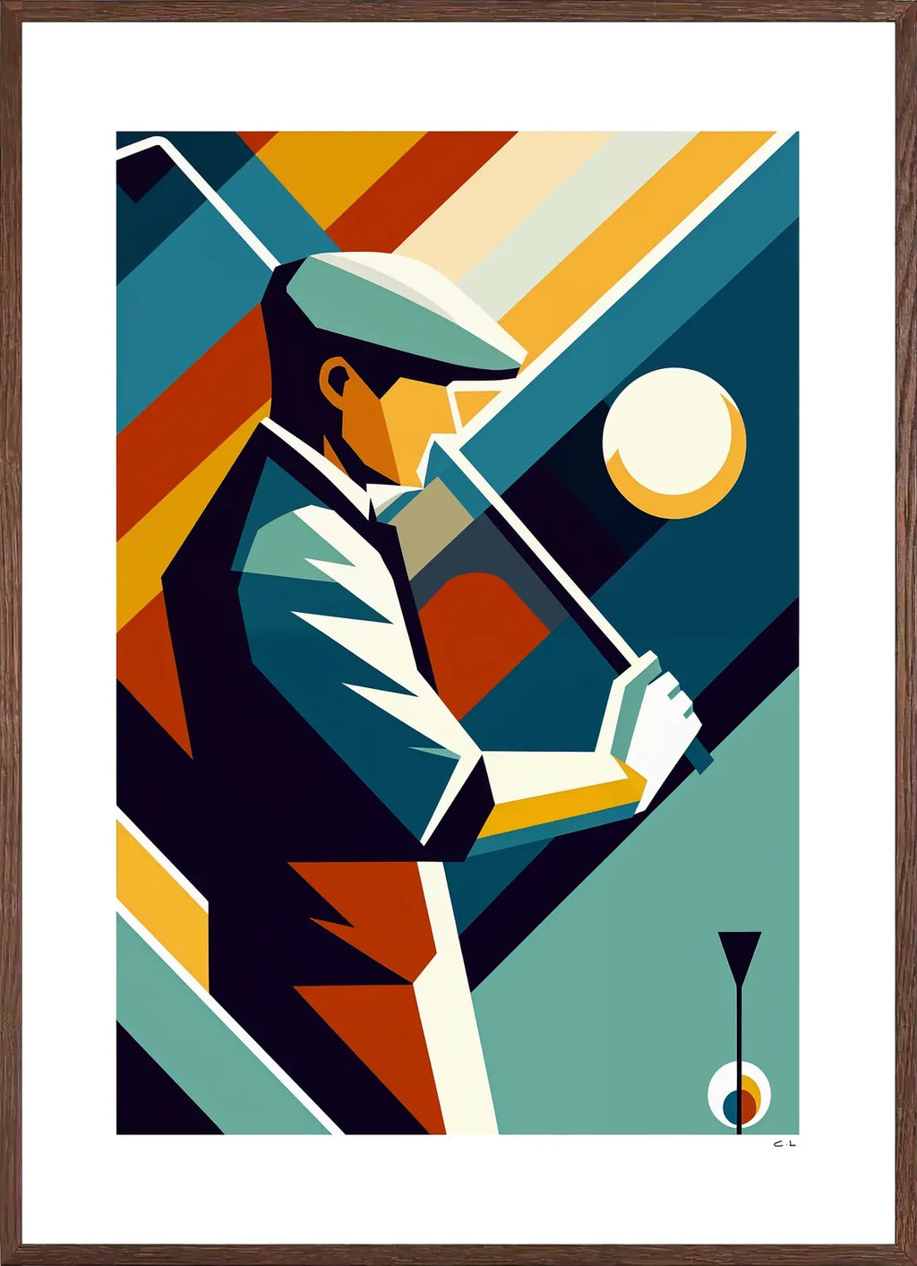 Cadre chene clair entourant l'affiche golf cubiste Art Deco