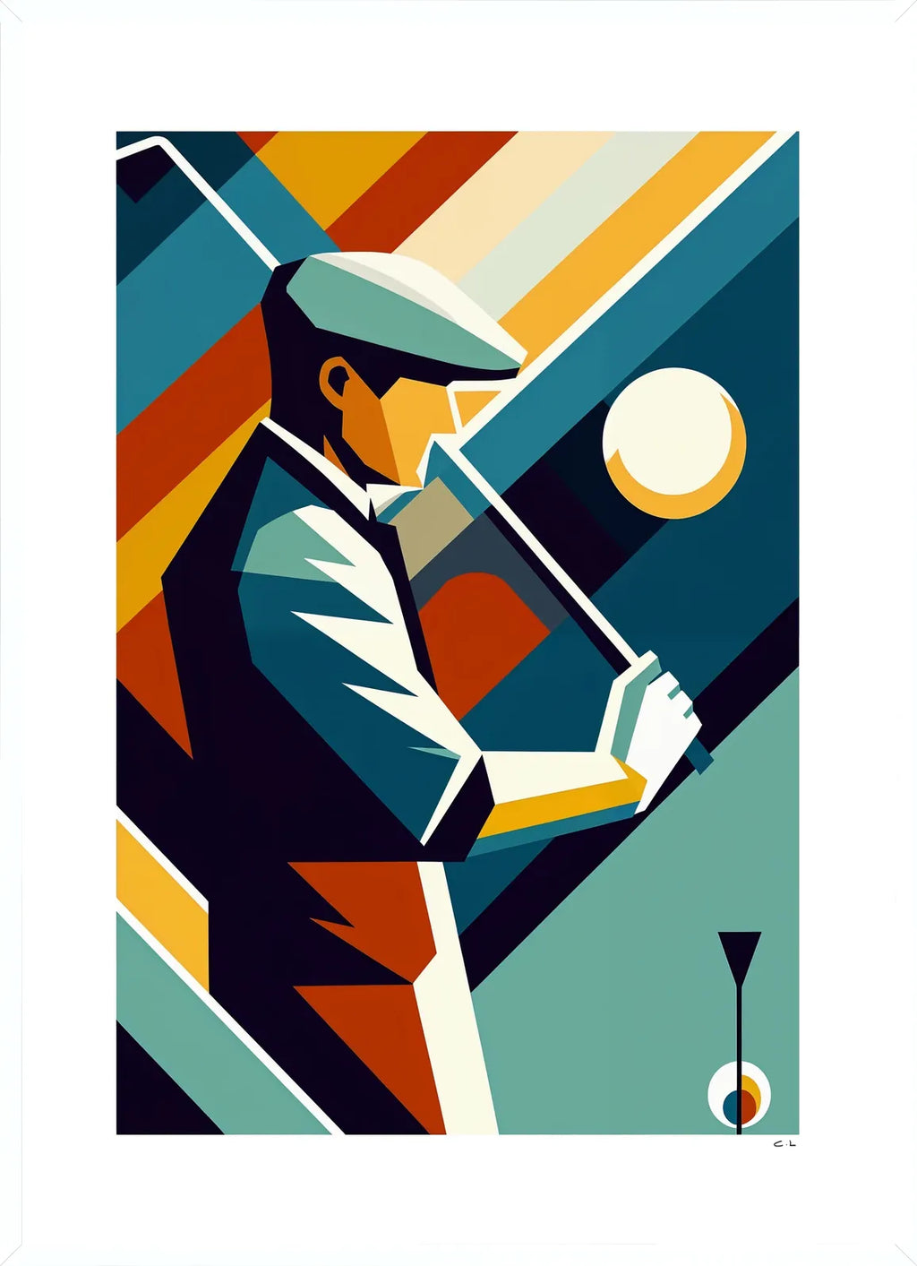 Cadre blanc epure presentant l'affiche golf cubiste Art Deco