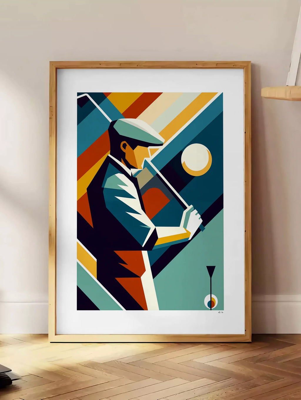 Estampe affiche golf cubiste Art Deco, posee au sol dans un coin salon, sur un parquet a chevrons, pres d'une table d'appoint en chene chargee de livres