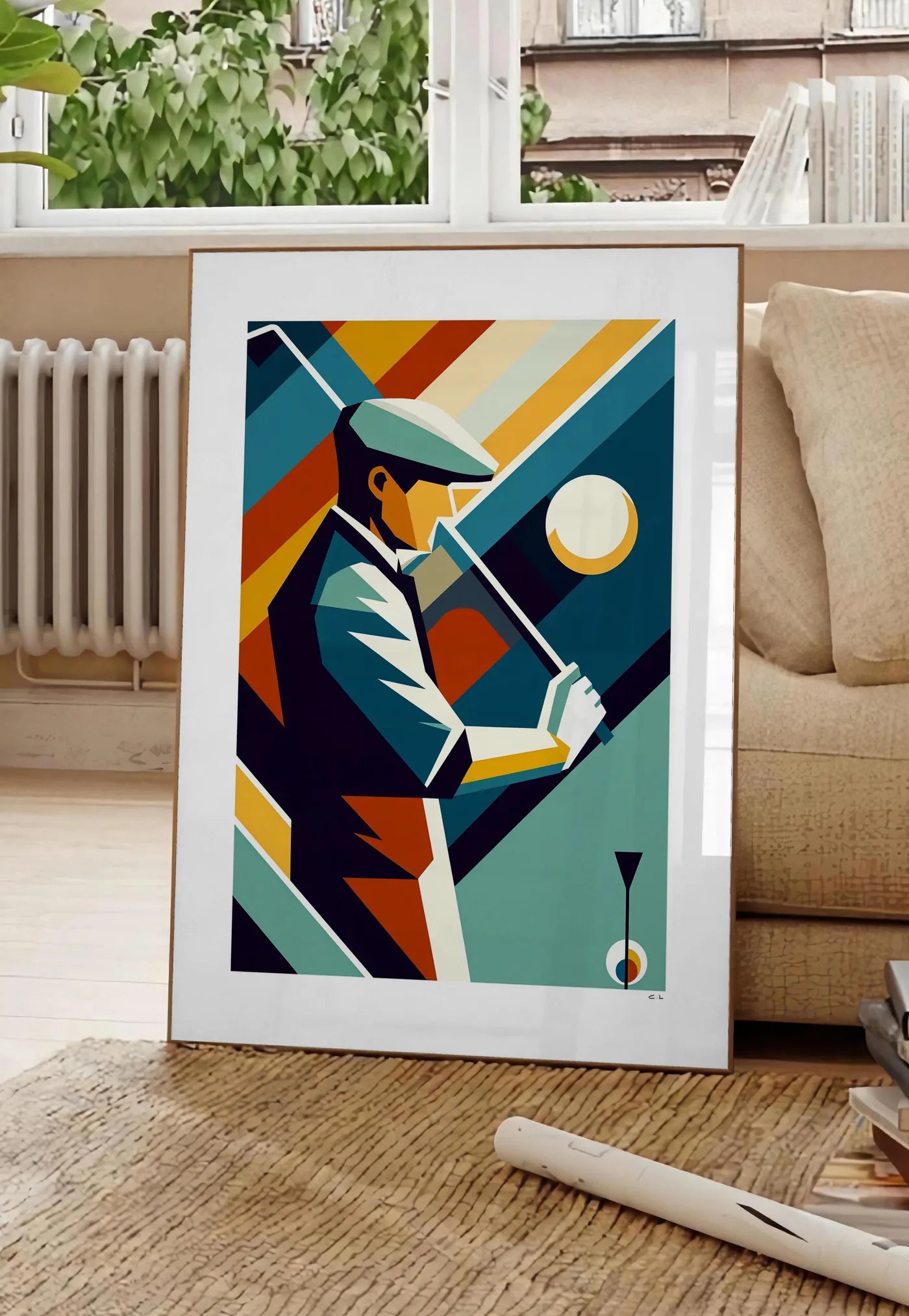 Poster affiche golf cubiste Art Deco, posee au sol dans un salon parisien, devant une grande fenetre donnant sur un immeuble haussmannien, entre un ficus et un canape creme