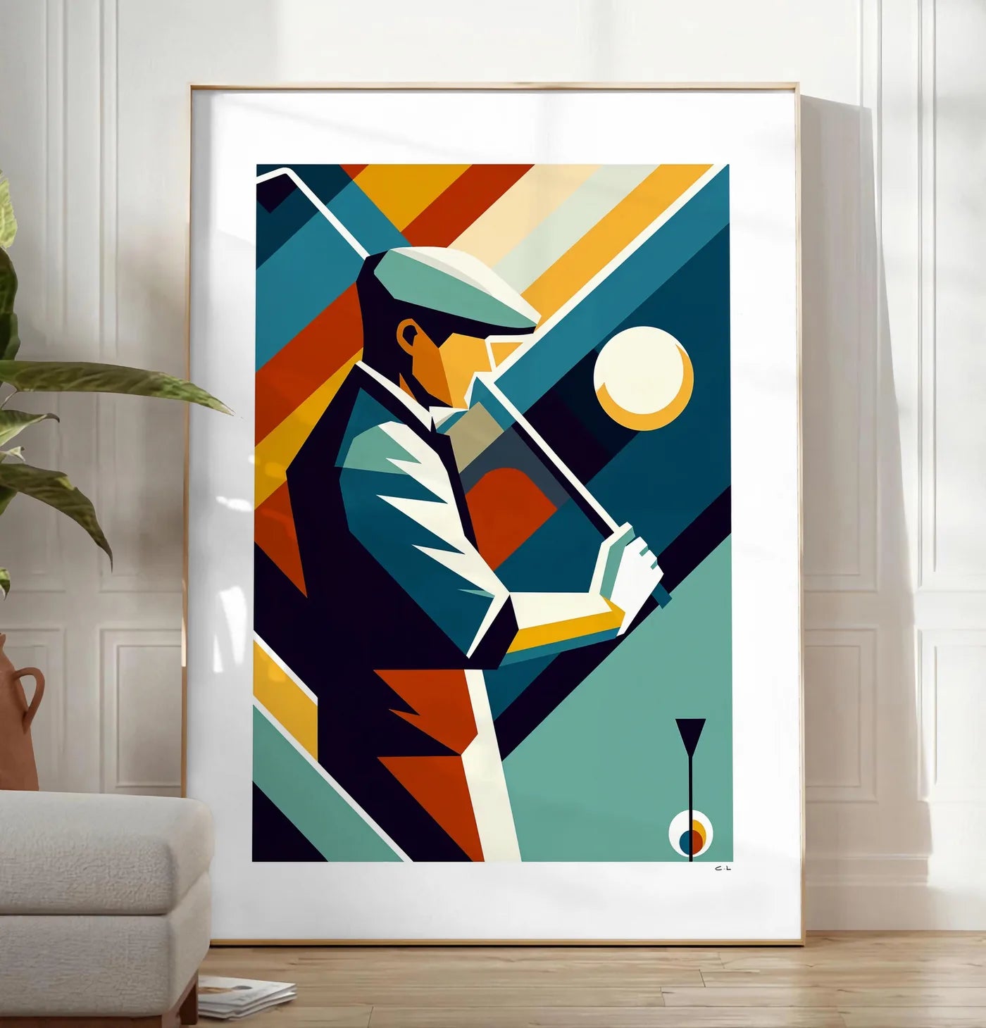 Reproduction affiche golf cubiste Art Deco, posee au sol dans un salon minimaliste clair, a cote d'un canape beige et d'une plante verte, sur un parquet clair