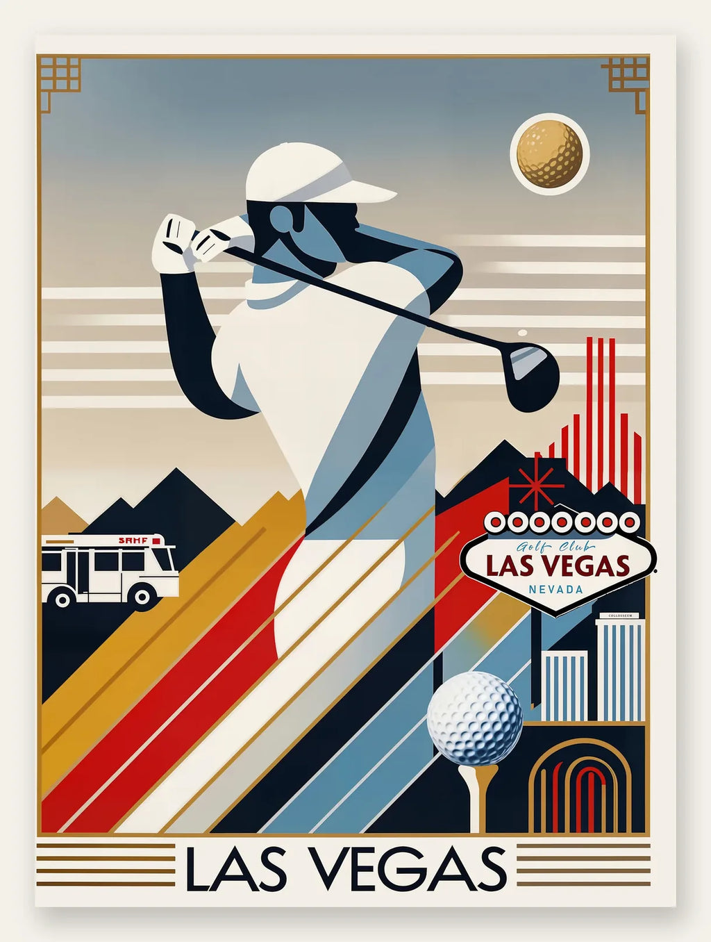 Golfeur stylisé en pleine frappe, palette vermillon, bleu de cobalt et ocre jaune, enseigne Las Vegas en arrière-plan