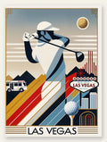 Golfeur stylisé en pleine frappe, palette vermillon, bleu de cobalt et ocre jaune, enseigne Las Vegas en arrière-plan