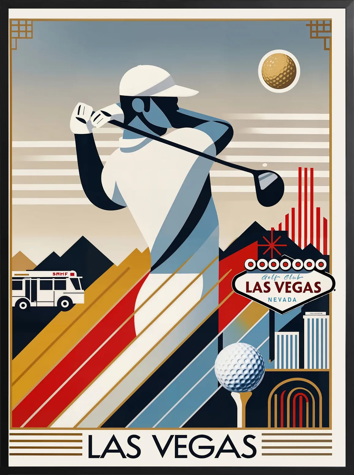 Swing du golfeur en cadre noir mat, typographie Art déco LAS VEGAS en bloc