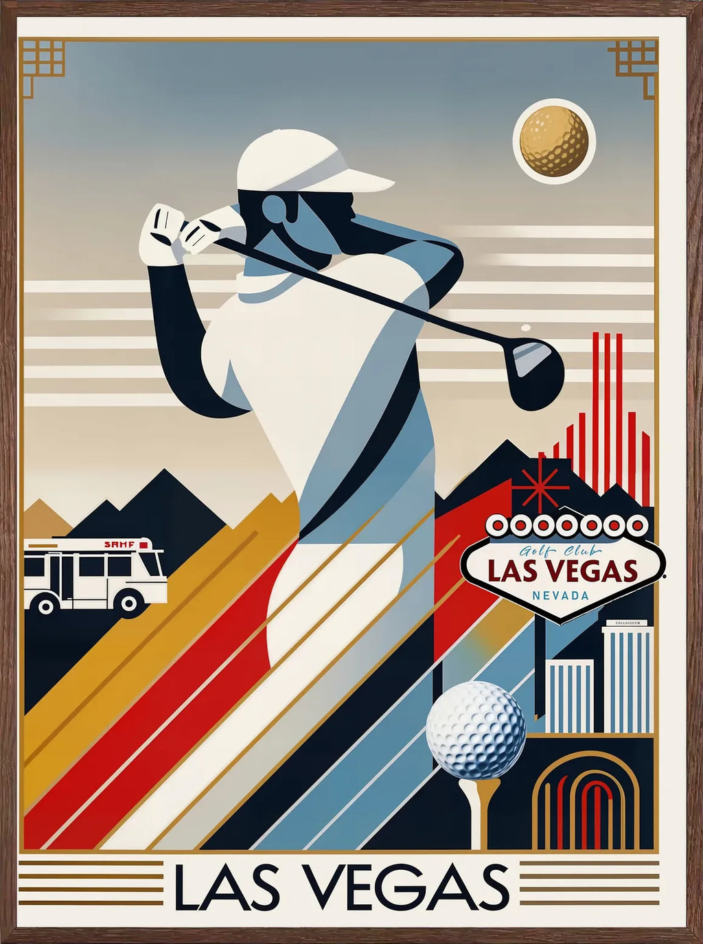 Balle de golf sur tee, encadrée en chêne clair, finition mate, enseigne Las Vegas visible