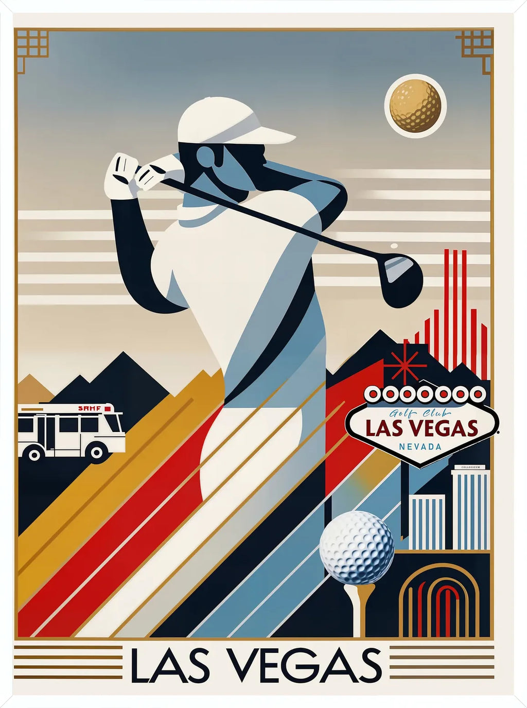 Golfeur en cadre blanc fin, contraste entre vermillon et bleu de cobalt, enseigne Las Vegas stylisée