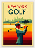 Golfeur géométrique en aplats d ocre jaune, bleu de cobalt et vermillon, Manhattan en arrière-plan, lettrage sans empattement