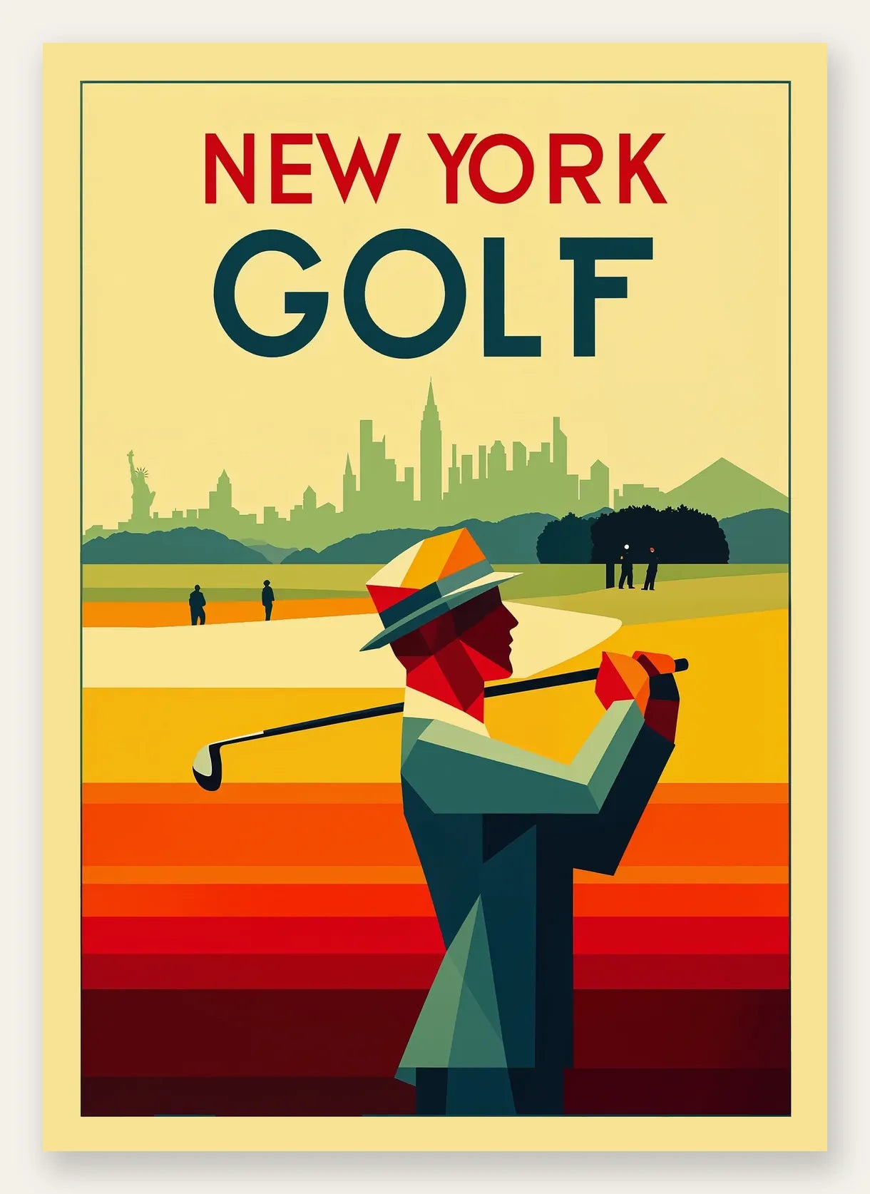 Golfeur géométrique en aplats d ocre jaune, bleu de cobalt et vermillon, Manhattan en arrière-plan, lettrage sans empattement
