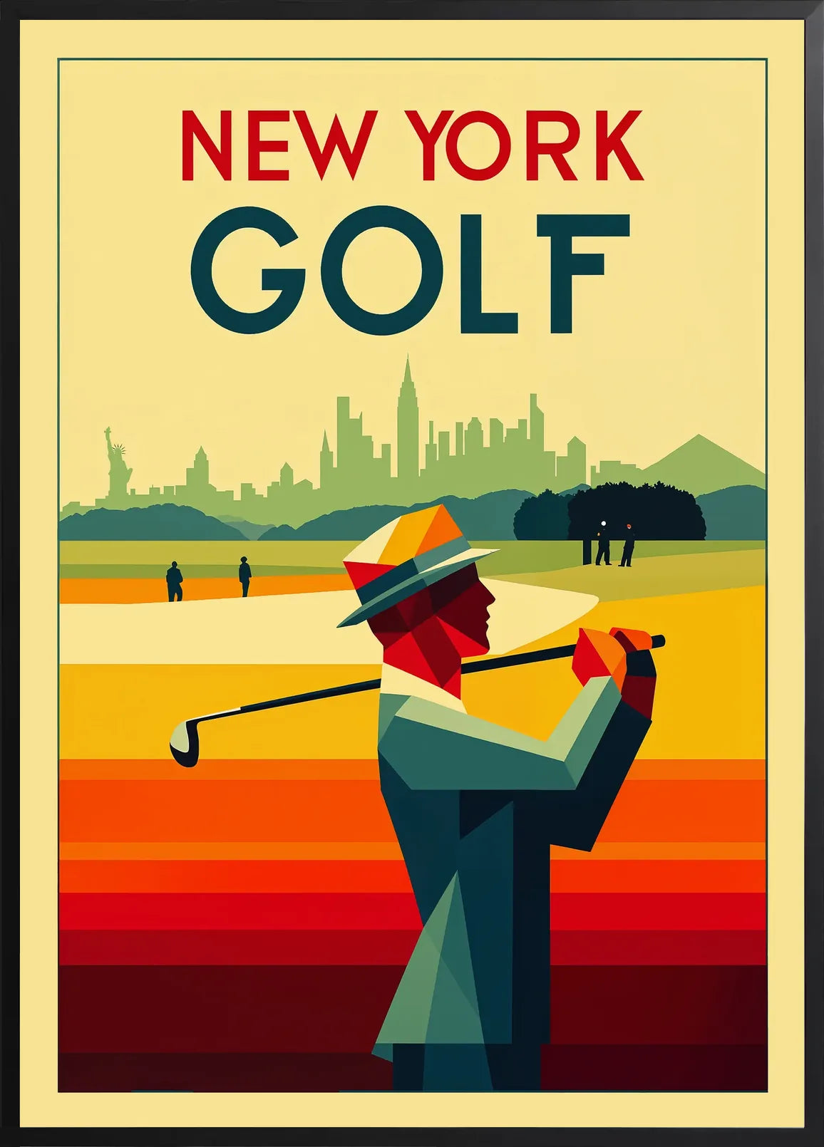 Cadre noir: silhouette du golfeur sur bandes horizontales formant le fairway et le coucher de soleil