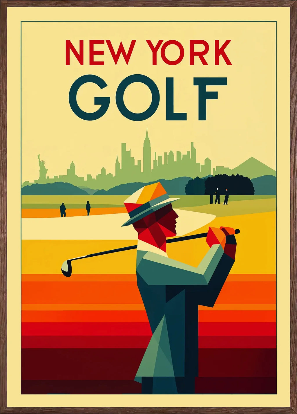 Chassis chene: golfeur stylisé avec la silhouette de Manhattan et la Statue de la Liberté en arrière-plan