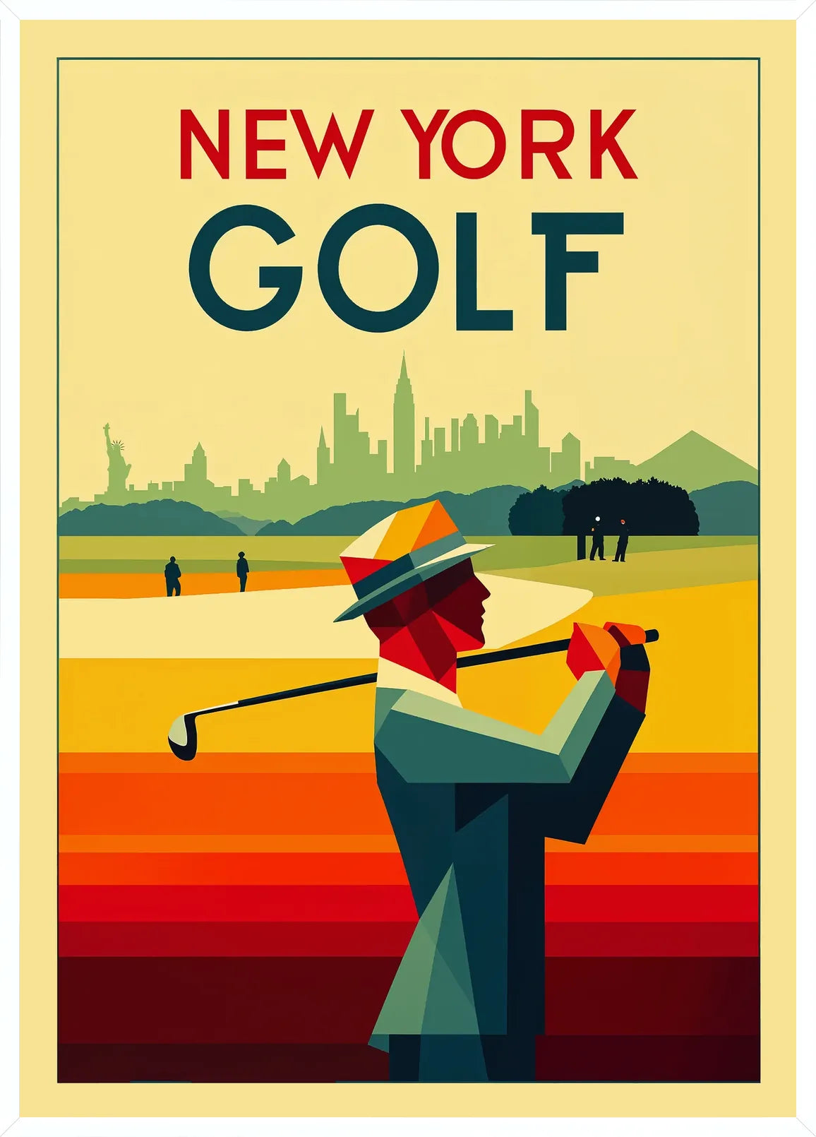 Cadre blanc: golfeur géométrique posé devant le skyline new-yorkais et la bande vermillon du ciel