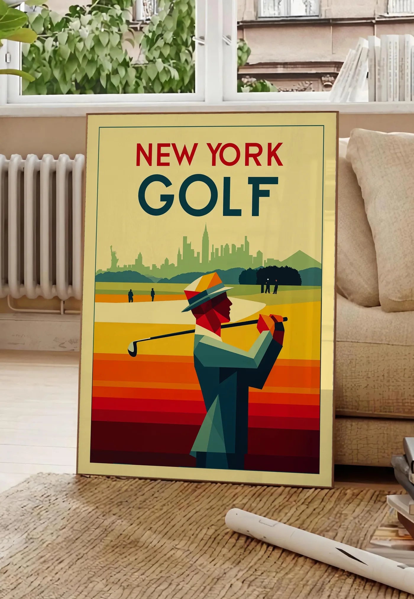 Poster golfeur géométrique en aplats d ocre jaune, posee au sol dans un salon parisien, devant une grande fenetre donnant sur un immeuble haussmannien, entre un ficus et un canape creme
