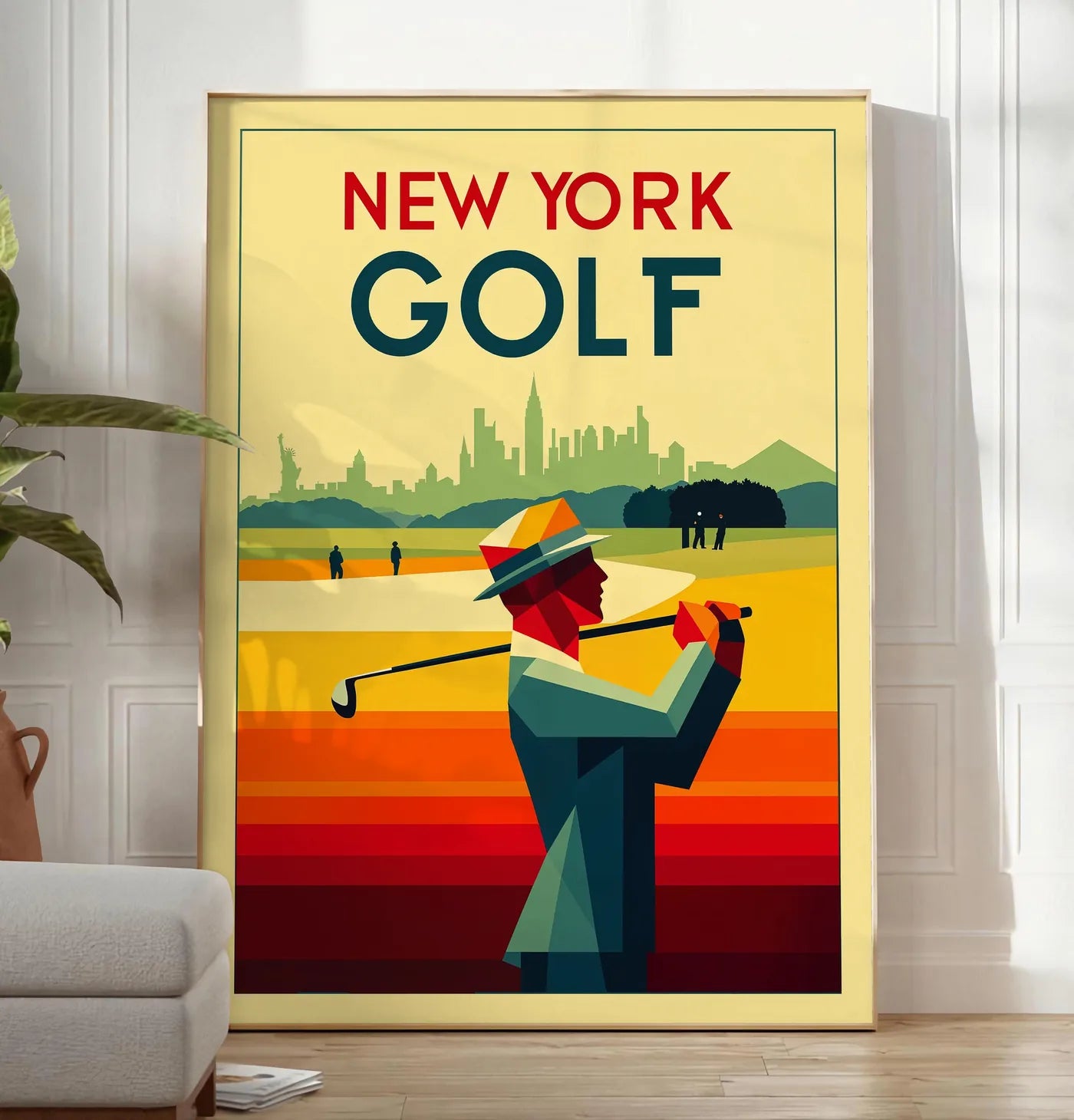 Reproduction golfeur géométrique en aplats d ocre jaune, posee au sol dans un salon minimaliste clair, a cote d'un canape beige et d'une plante verte, sur un parquet clair