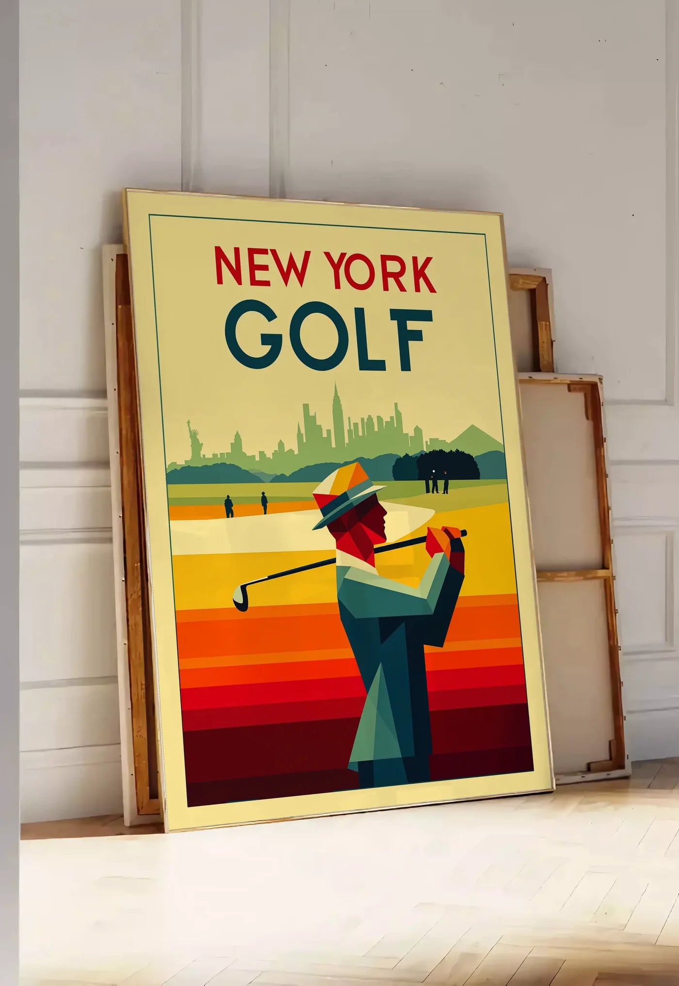 Tirage encadrable golfeur géométrique en aplats d ocre jaune, posee au sol dans une entree lumineuse, contre un mur a panneaux blancs, a cote de chassis en bois empiles
