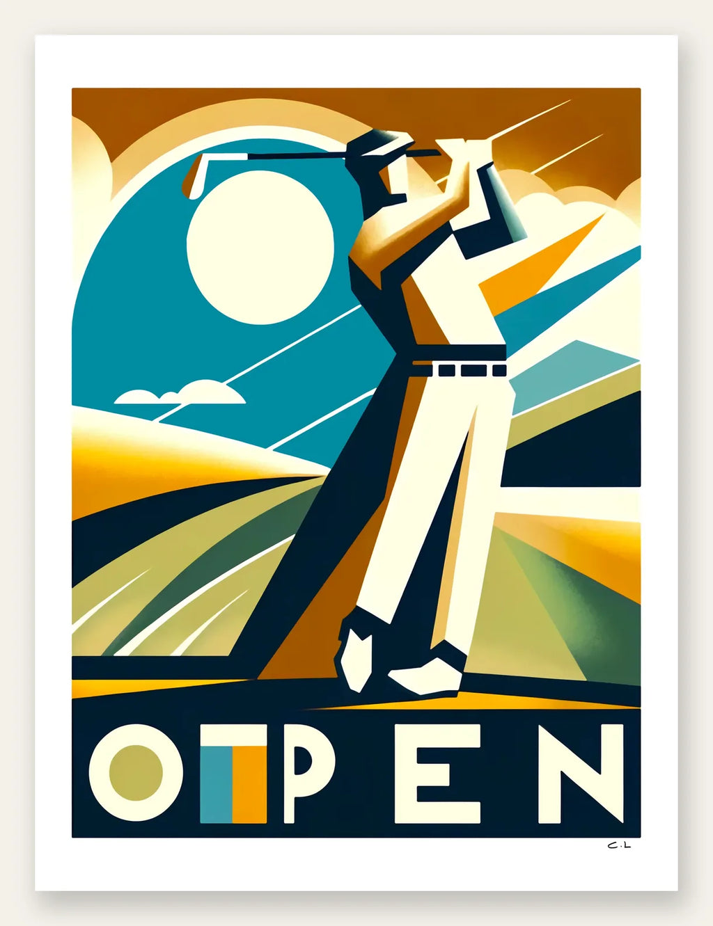 Affiche Open golf Art Deco, golfeur en plein swing sur soleil teal et fairways