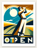 Affiche Open golf Art Deco, golfeur en plein swing sur soleil teal et fairways