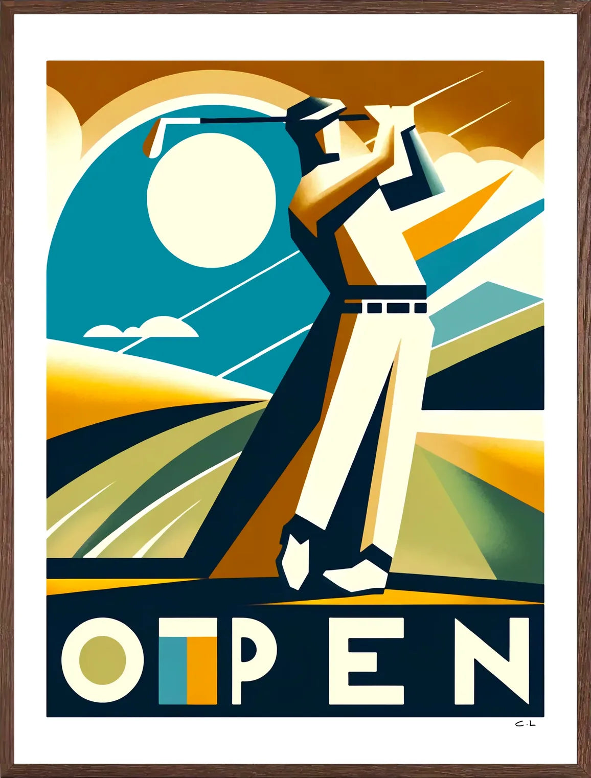Cadre chene clair entourant l'affiche Open golf Art Deco