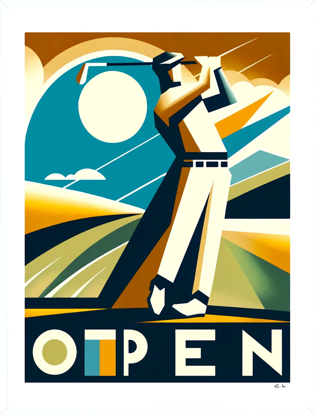 Cadre blanc epure presentant l'affiche Open golf Art Deco