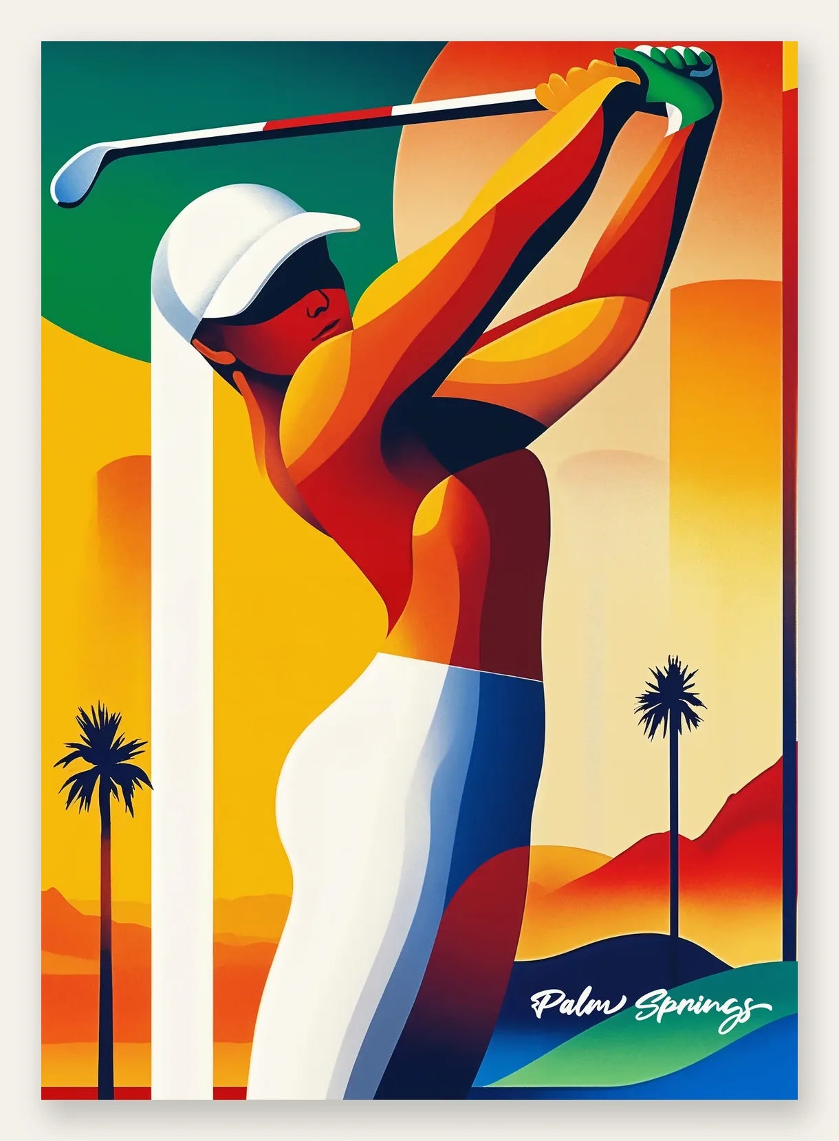 Golfeuse stylisée effectue un swing, palette ocre jaune, vermillon et bleu de cobalt, palmiers en arrière-plan