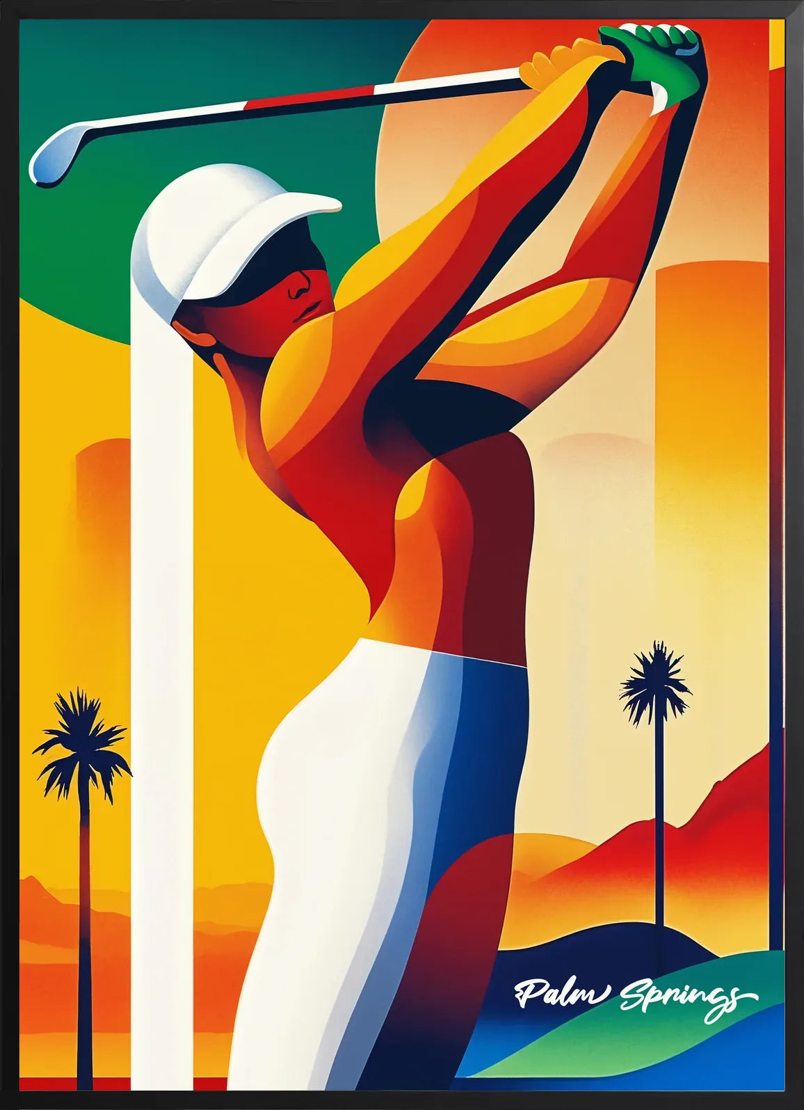 Golfeuse dans cadre noir mat, contraste entre la silhouette et la typographie blanche « Palm Springs »