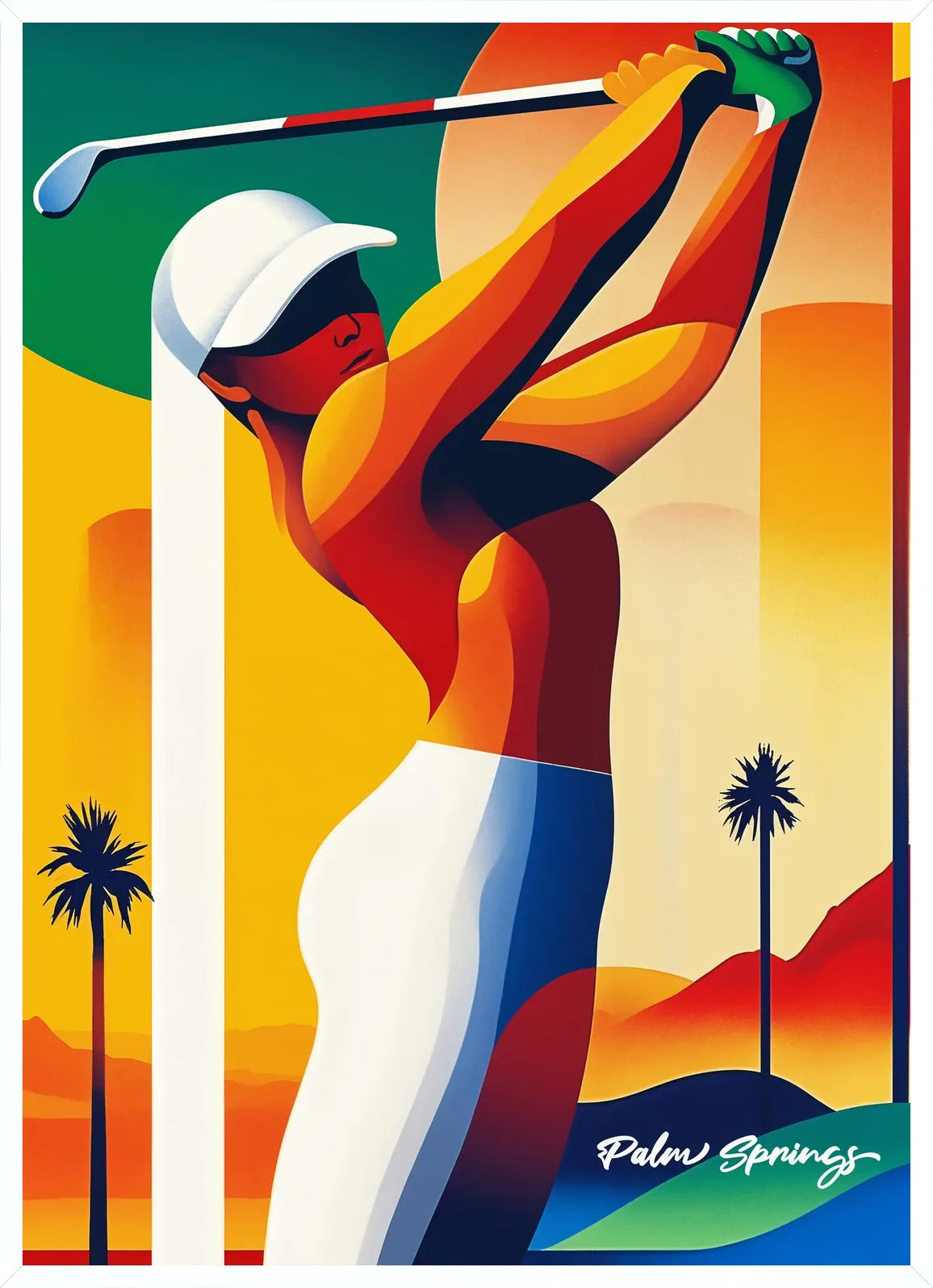 Golfeuse sur cadre blanc fin, palmiers stylisés et soleil en ocre jaune en arrière-plan
