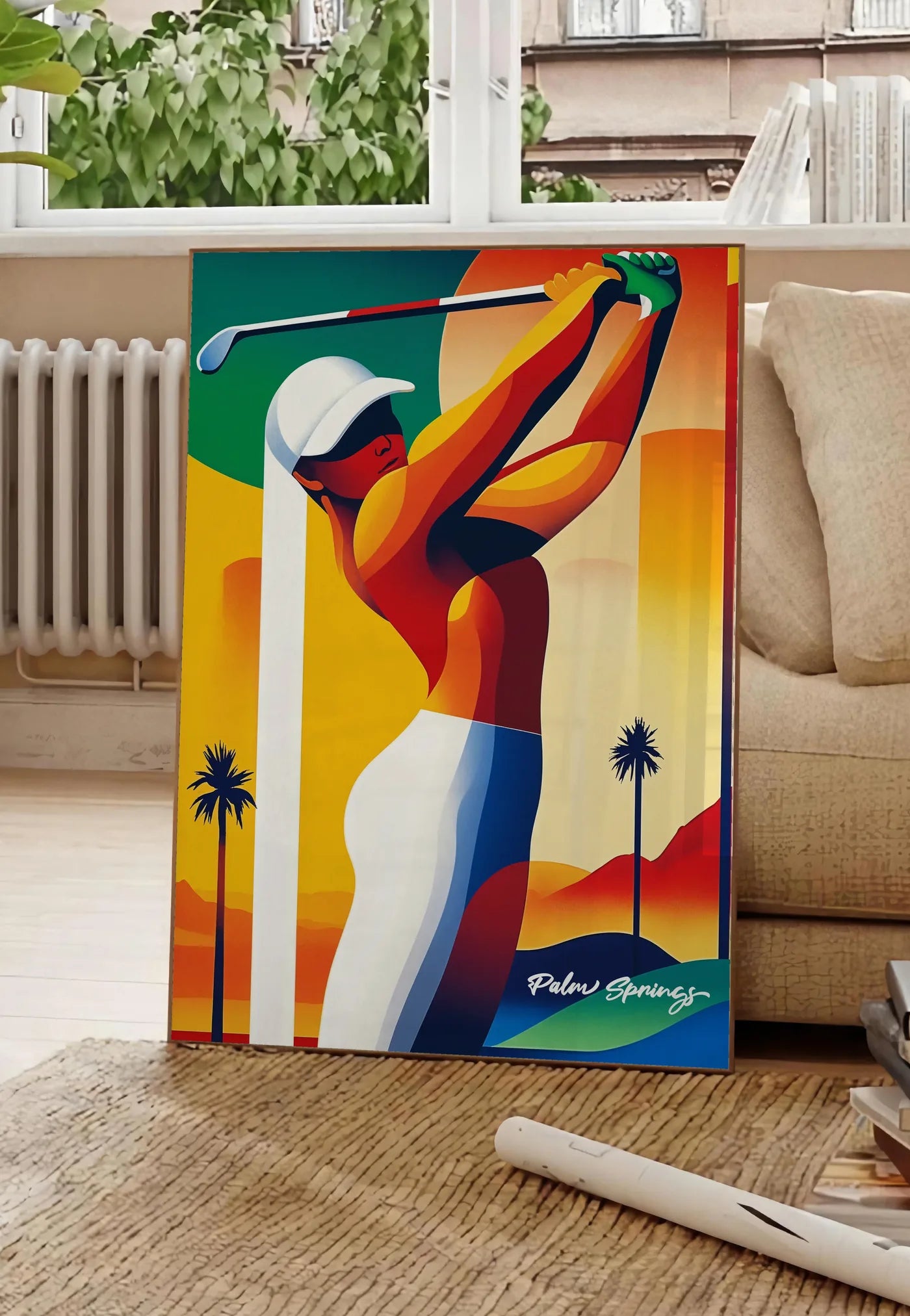 Poster golfeuse stylisée effectue un swing, posee au sol dans un salon parisien, devant une grande fenetre donnant sur un immeuble haussmannien, entre un ficus et un canape creme