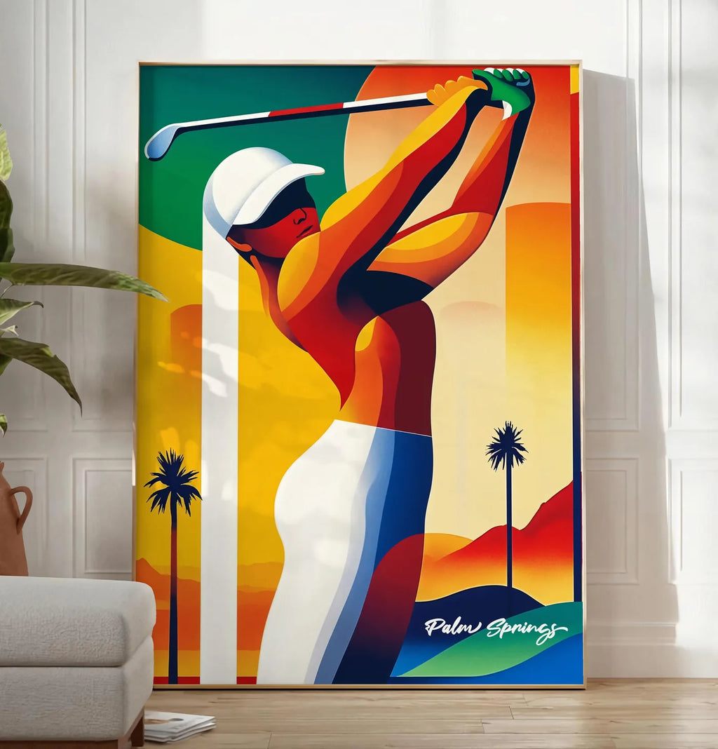 Reproduction golfeuse stylisée effectue un swing, posee au sol dans un salon minimaliste clair, a cote d'un canape beige et d'une plante verte, sur un parquet clair