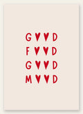 Affiche cuisine Good Food Good Mood, typographie rouge a coeurs sur fond creme