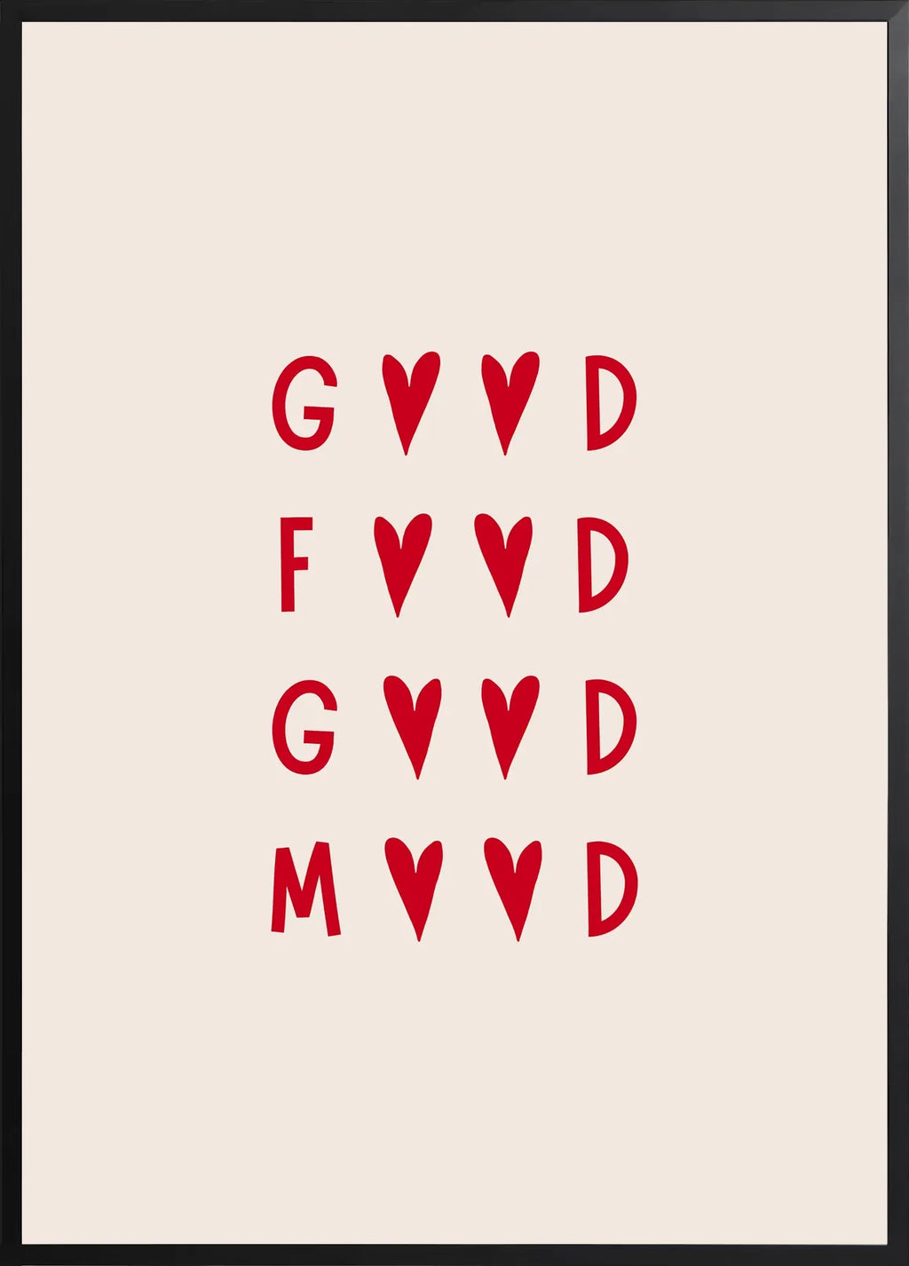 Encadrement noir mat autour de la typographie Good Food Good Mood rouge