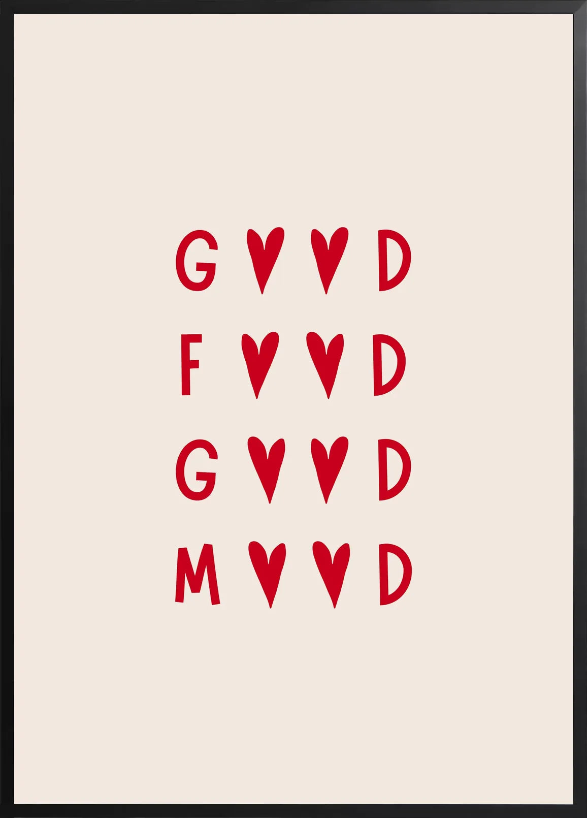 Encadrement noir mat autour de la typographie Good Food Good Mood rouge