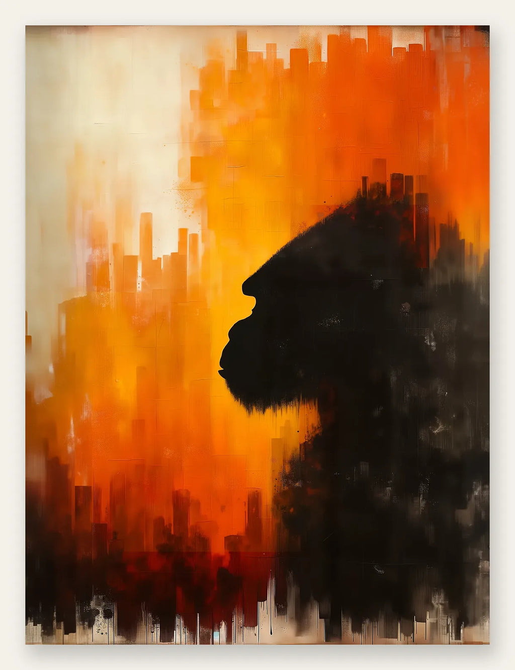 Affiche gorille abstraite, silhouette de profil sur fond orange et noir texture