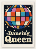 Affiche vintage Dancing Queen, boule disco multicolore et etoiles sur fond marine