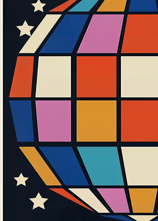 Gros plan sur les carreaux multicolores de la boule disco Dancing Queen