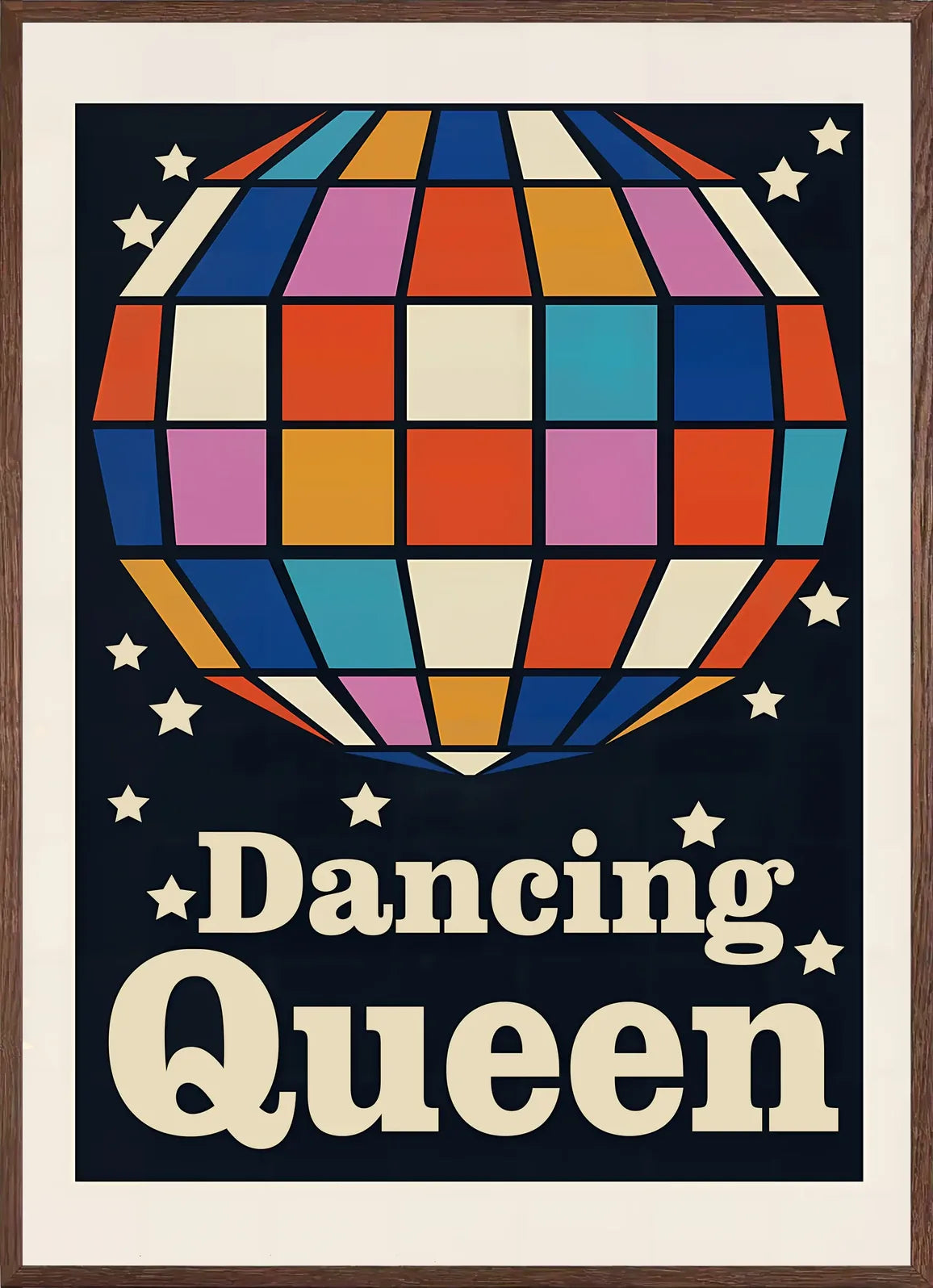 Cadre chene clair entourant l'affiche disco Dancing Queen boule a facettes
