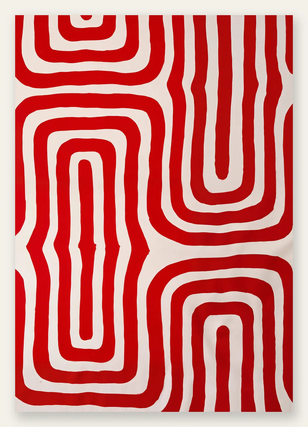 Labyrinthe de lignes rouges ondulees sur fond creme, affiche vintage abstraite