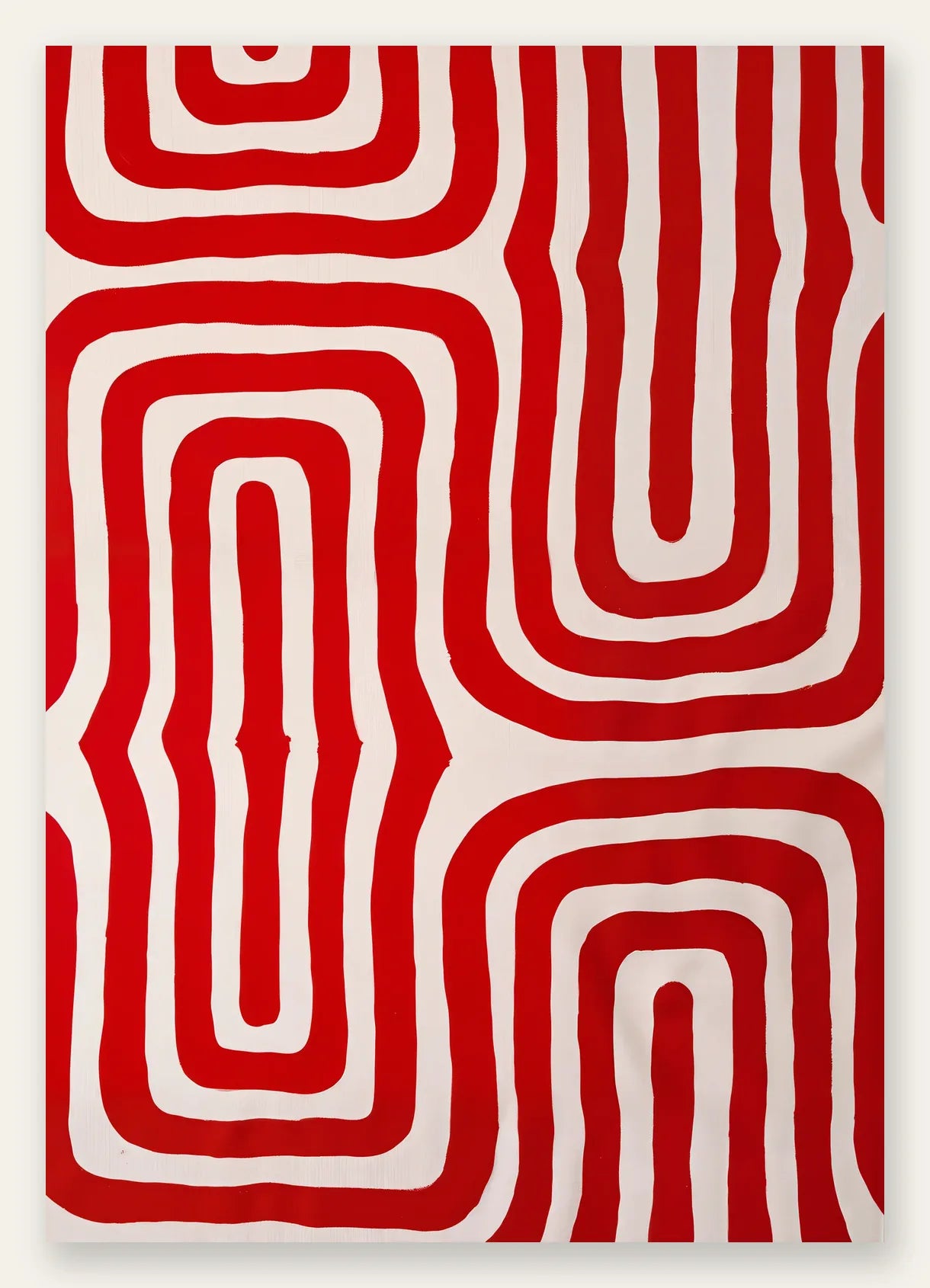 Labyrinthe de lignes rouges ondulees sur fond creme, affiche vintage abstraite