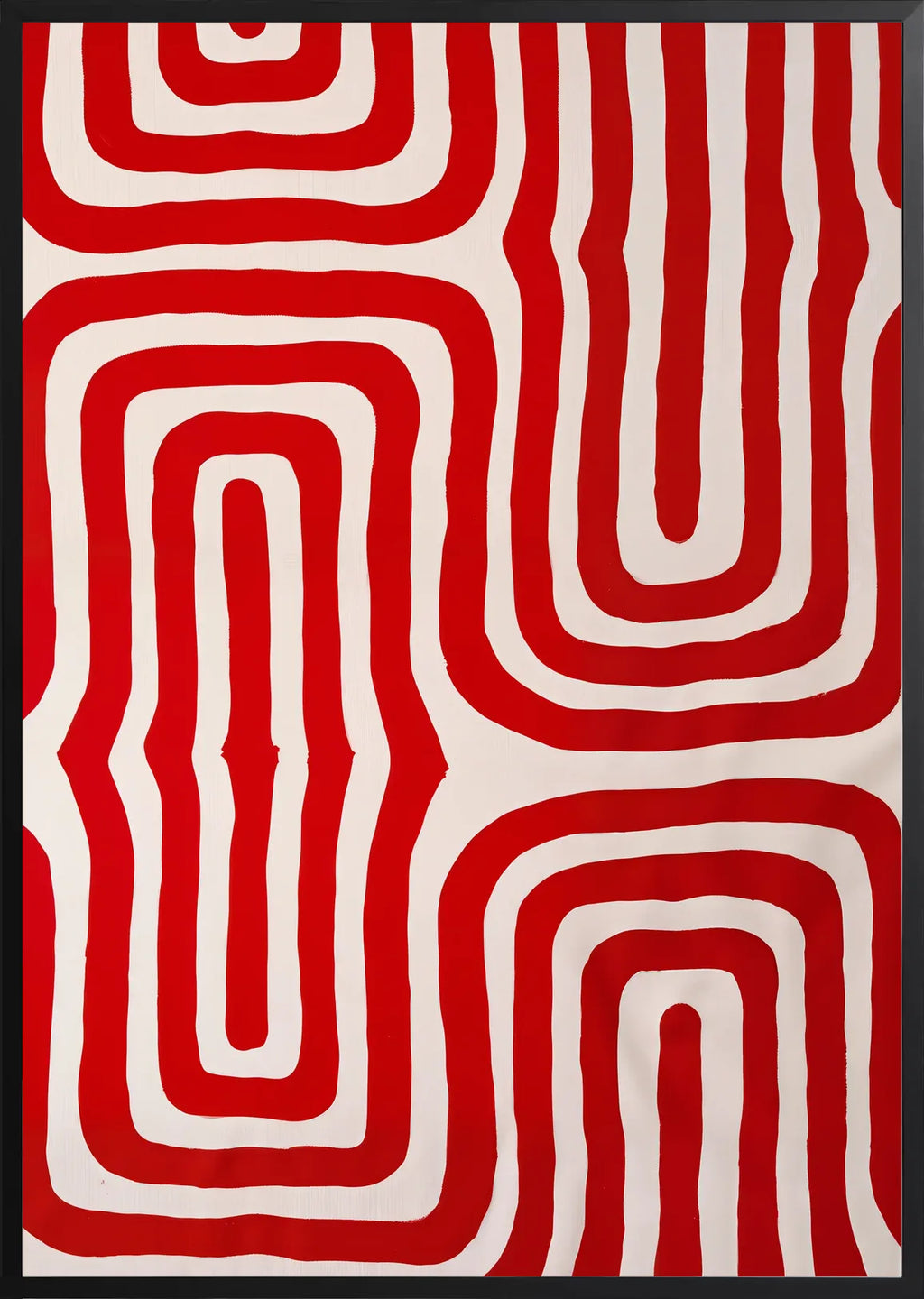 Encadrement noir mat autour des courbes rouges en labyrinthe abstrait
