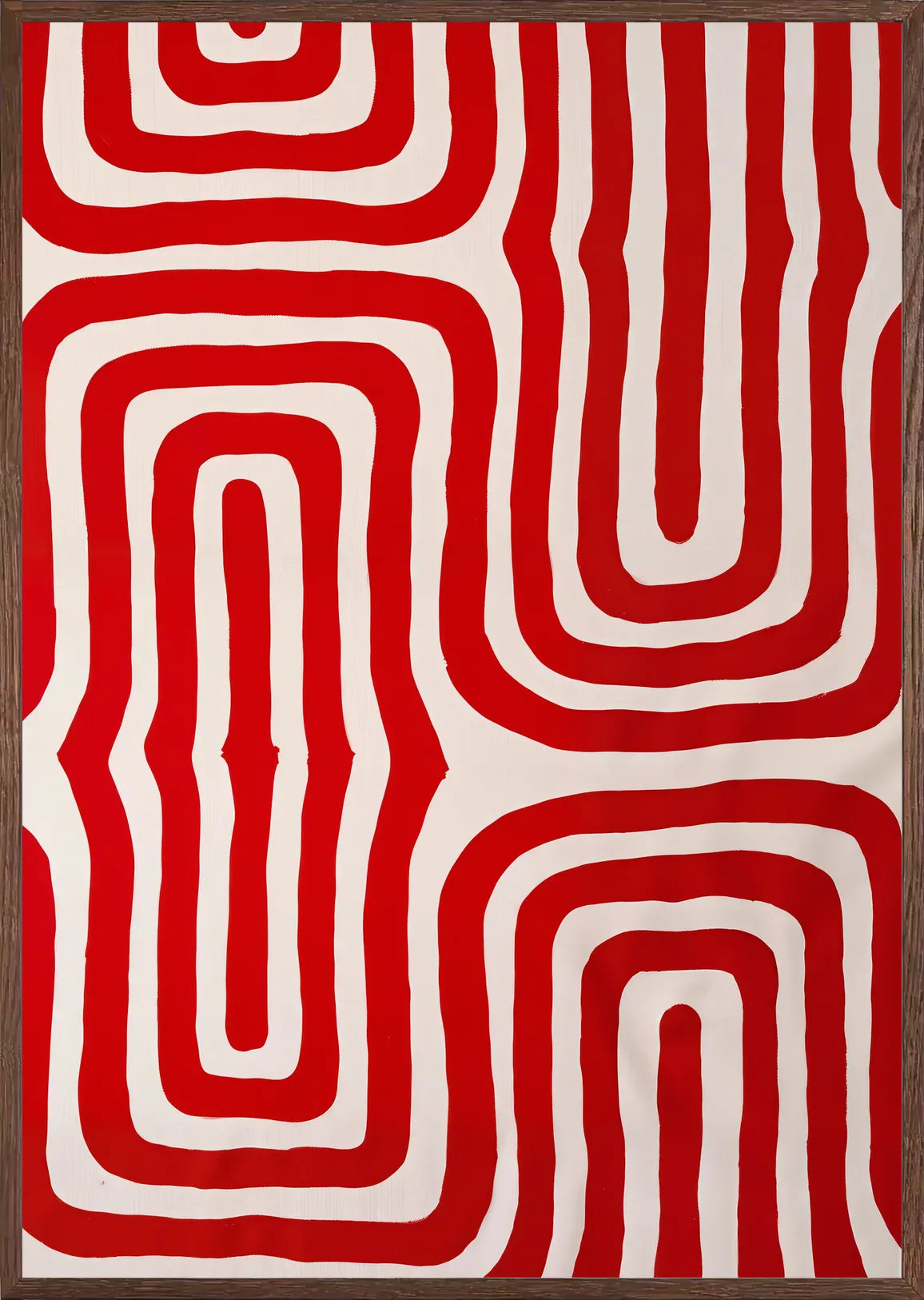 Cadre chene clair entourant l'affiche labyrinthe de lignes rouges