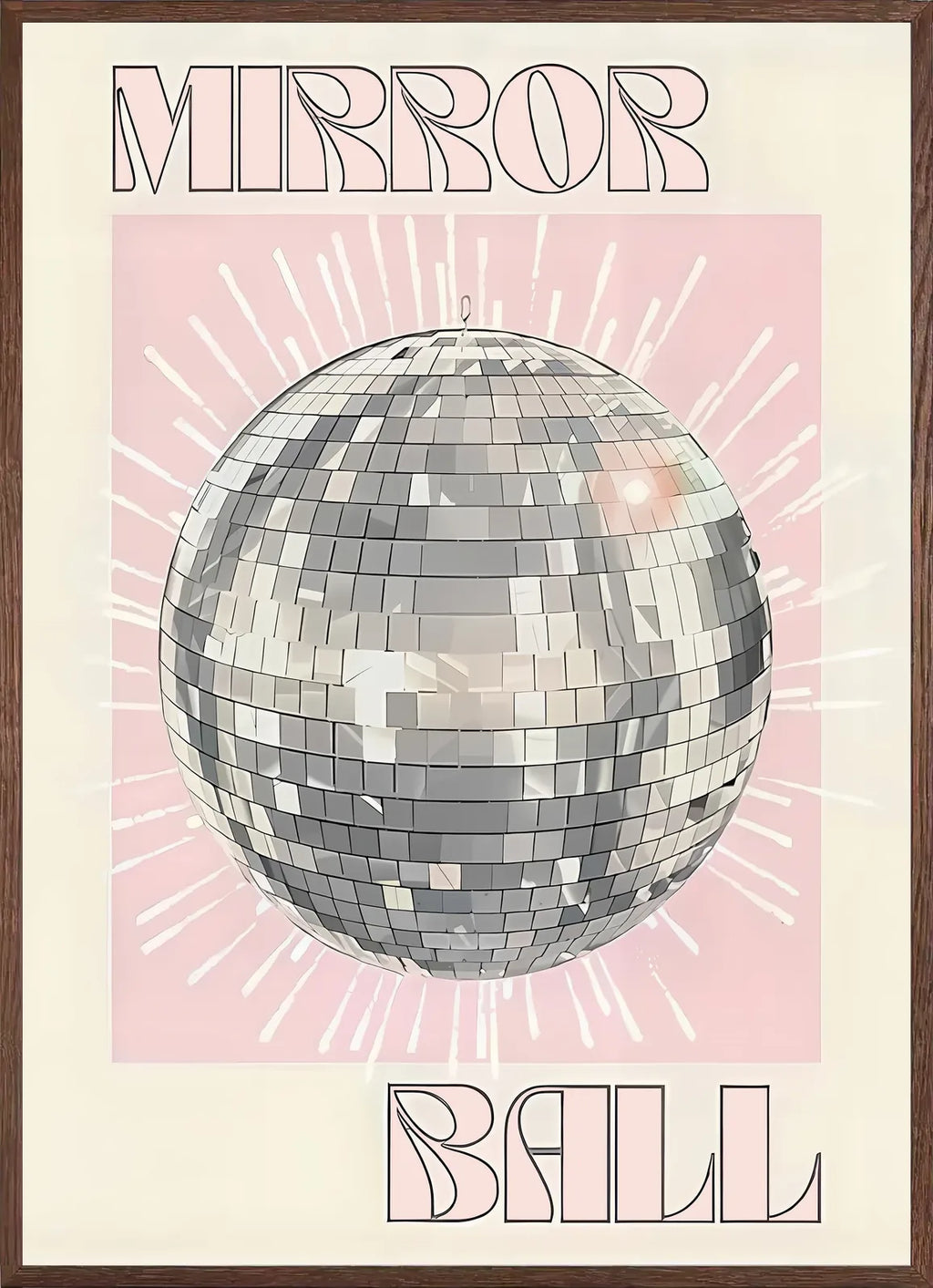 Cadre chene clair entourant l'affiche Mirror Ball boule disco argentee
