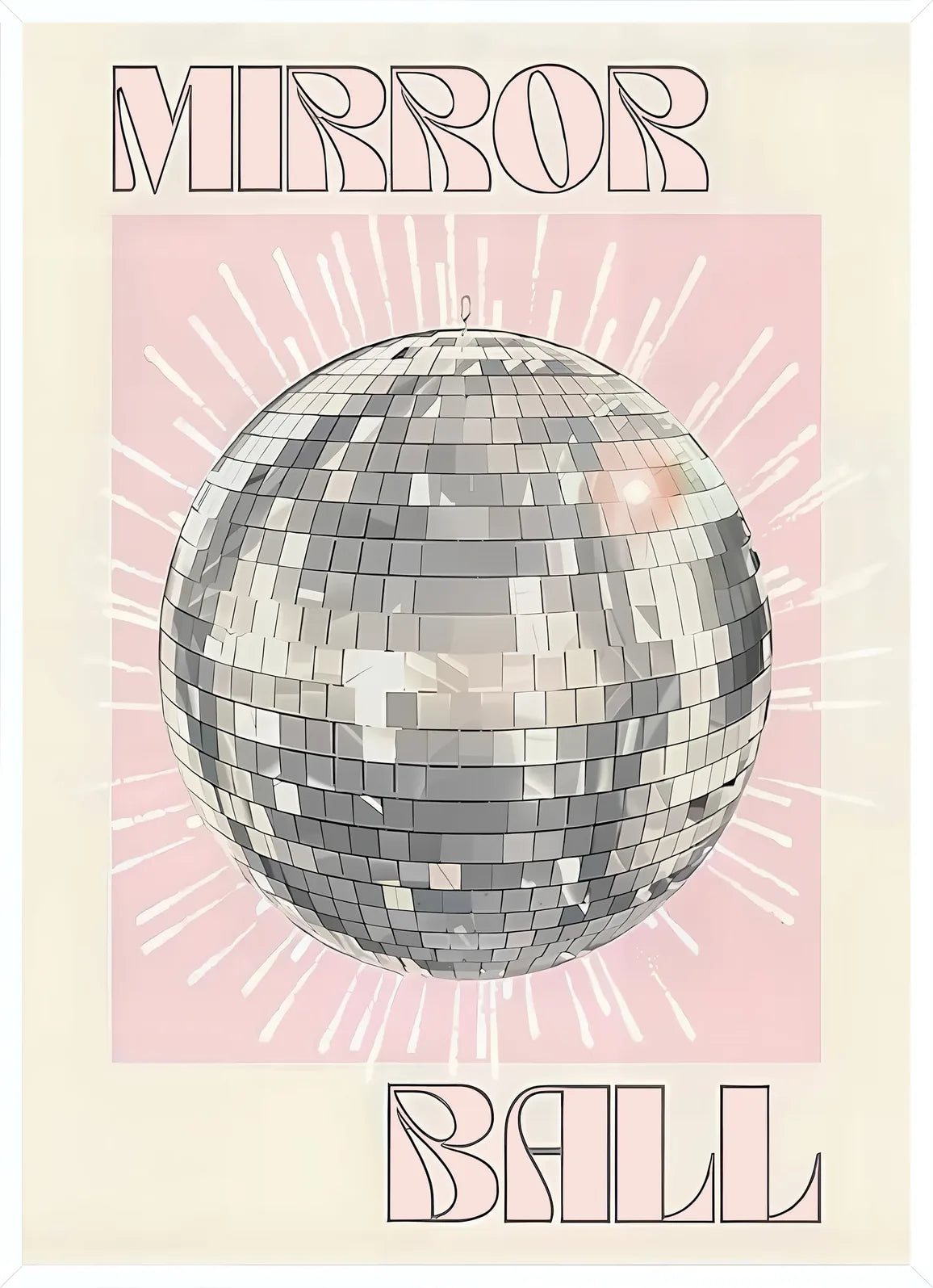 Cadre blanc epure presentant l'affiche Mirror Ball rayons lumineux