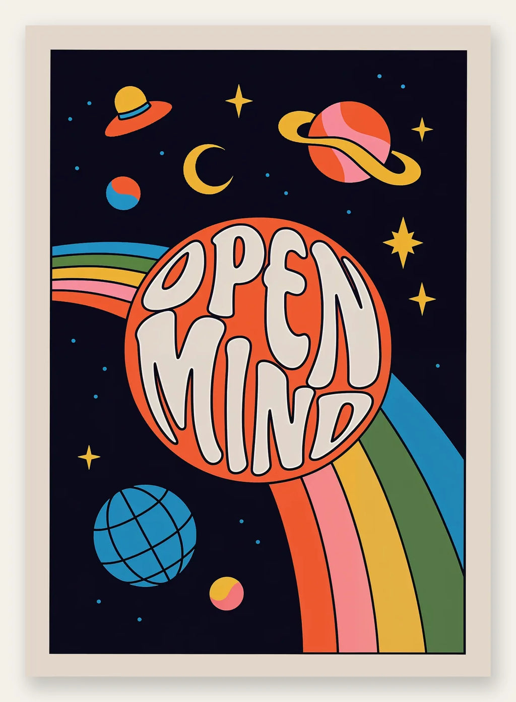 Affiche vintage Open Mind, cosmos psychedelique avec planetes et arc-en-ciel