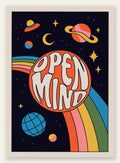 Affiche vintage Open Mind, cosmos psychedelique avec planetes et arc-en-ciel