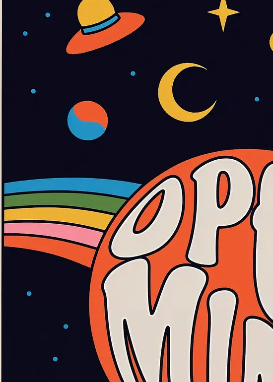 Gros plan sur les planetes et l'arc-en-ciel de l'affiche cosmos Open Mind