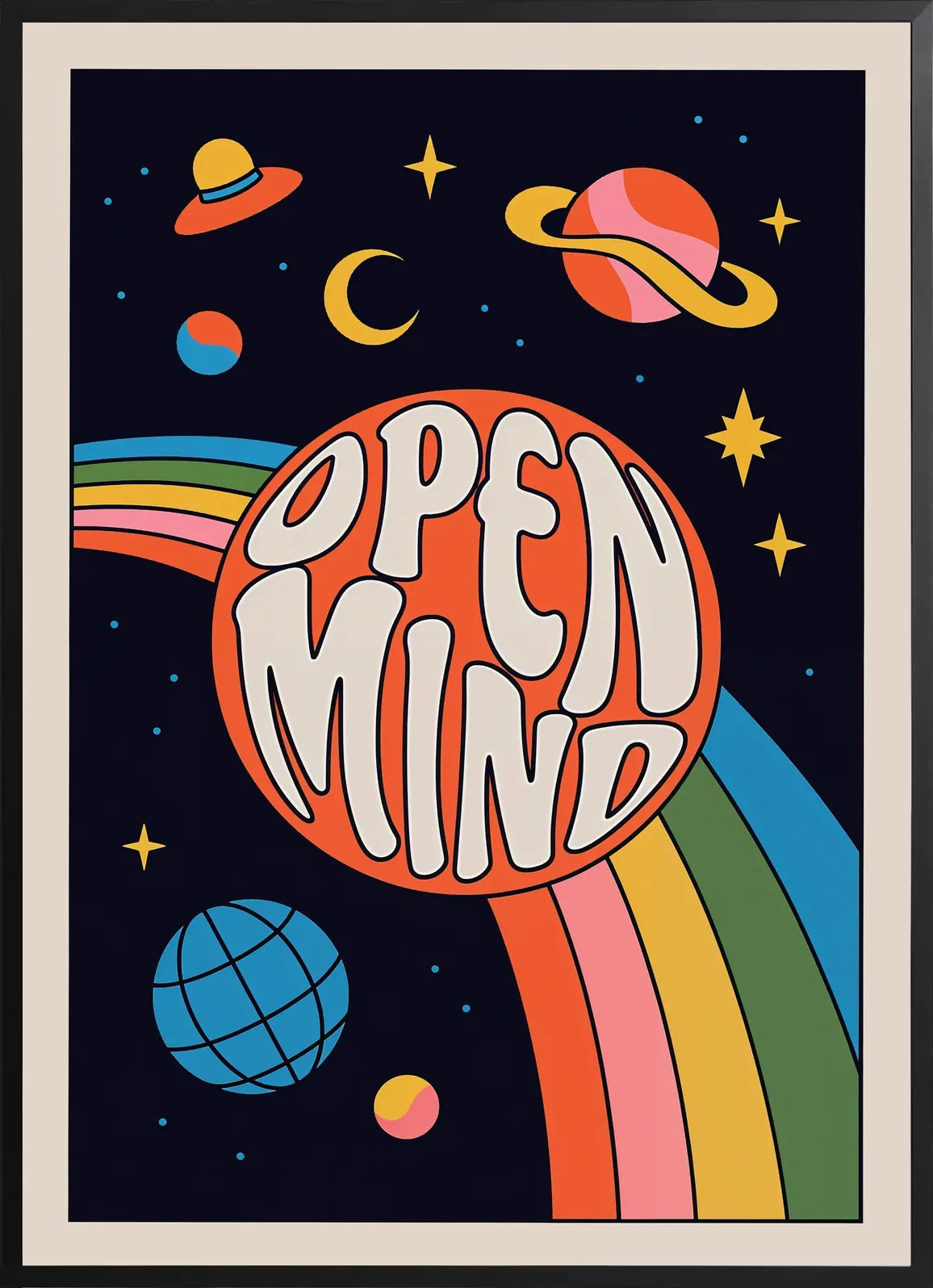 Encadrement noir mat autour de l'affiche cosmique Open Mind arc-en-ciel