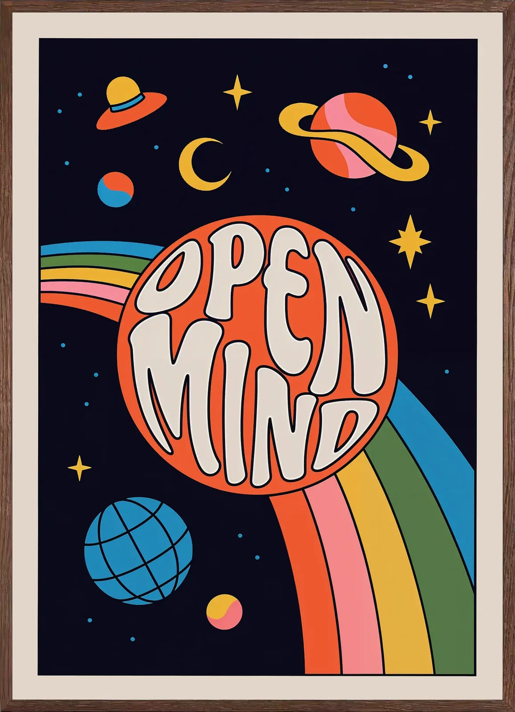 Cadre chene clair entourant l'affiche cosmos Open Mind planetes