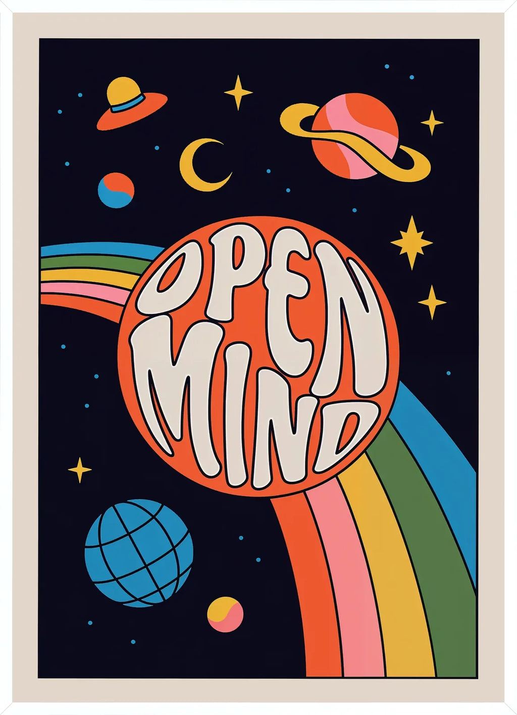Cadre blanc epure presentant l'affiche psychedelique Open Mind cosmos