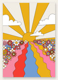 Soleil aux rayons jaunes fleurs et chemin ondule, affiche vintage groovy