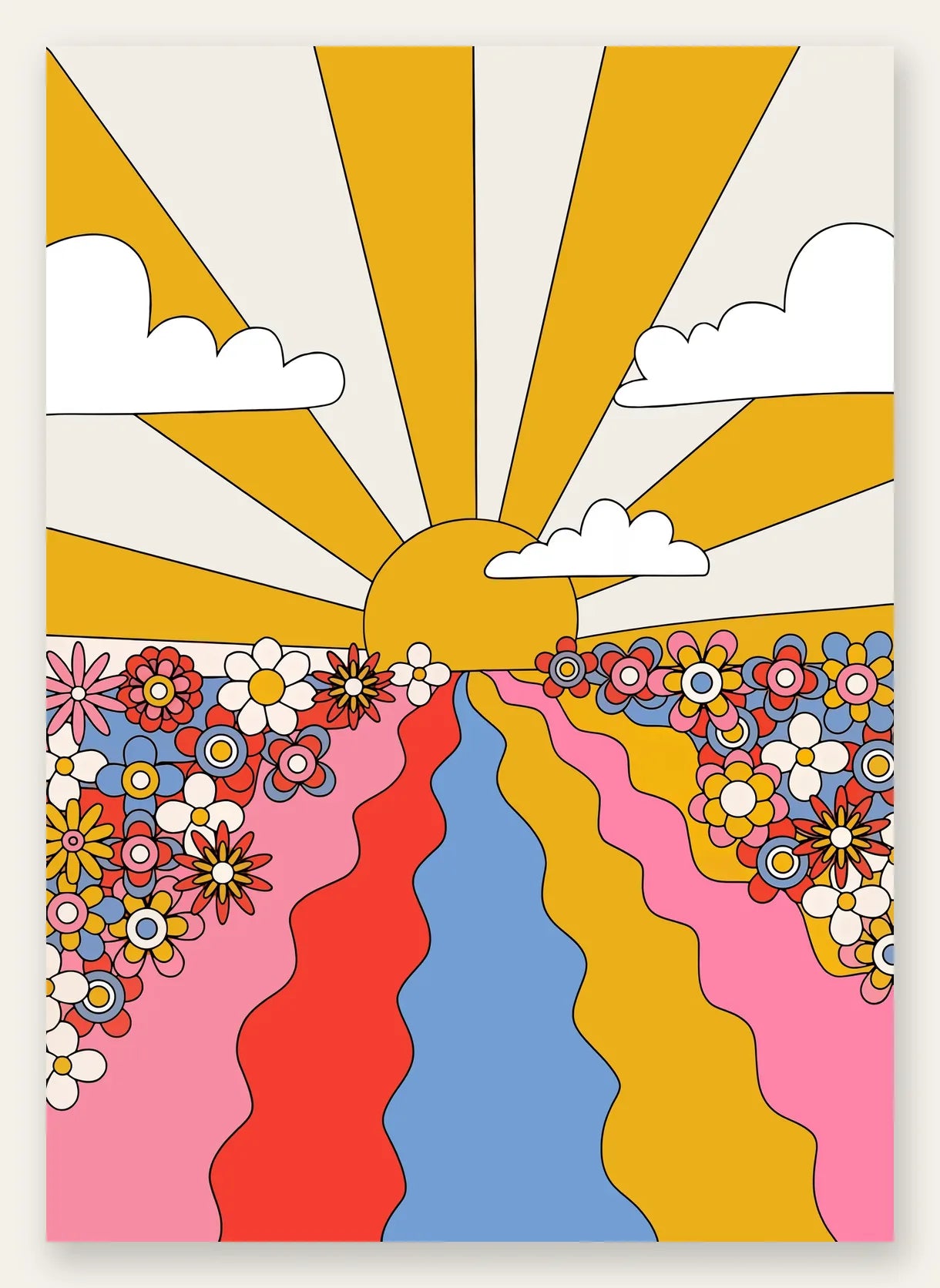 Soleil aux rayons jaunes fleurs et chemin ondule, affiche vintage groovy