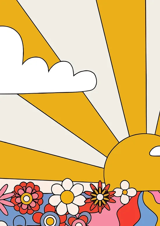 Gros plan sur le soleil aux rayons jaunes et les fleurs rondes