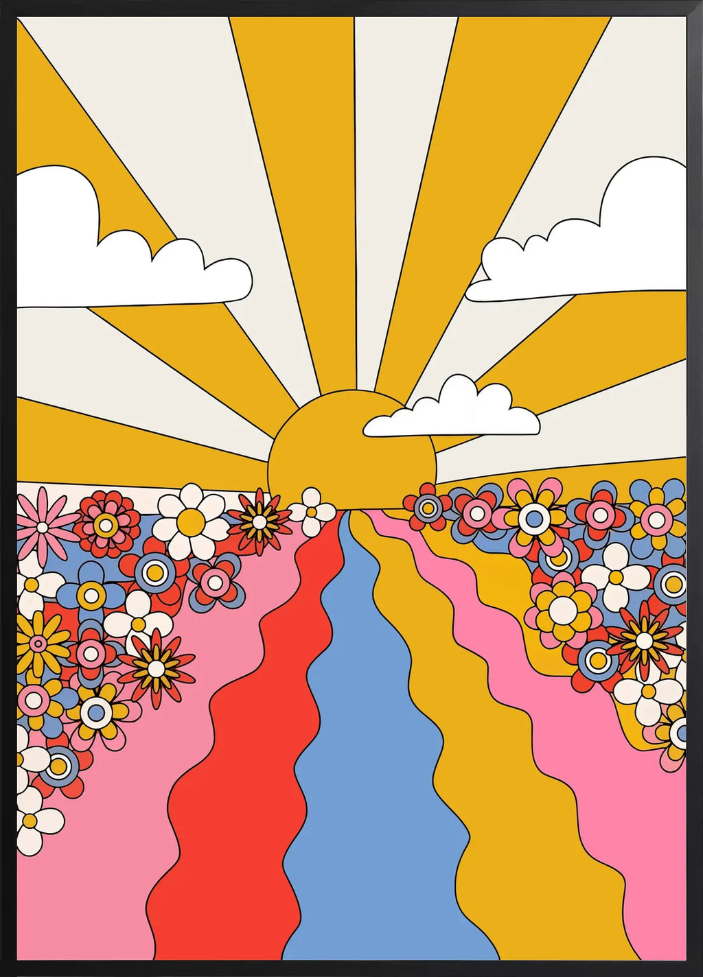 Encadrement noir mat autour du soleil et des fleurs groovy colorees